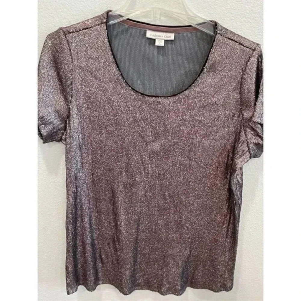 Coldwater Creek Women's Bronze Sequin Short Sleeve Scoop Neck Top Size L